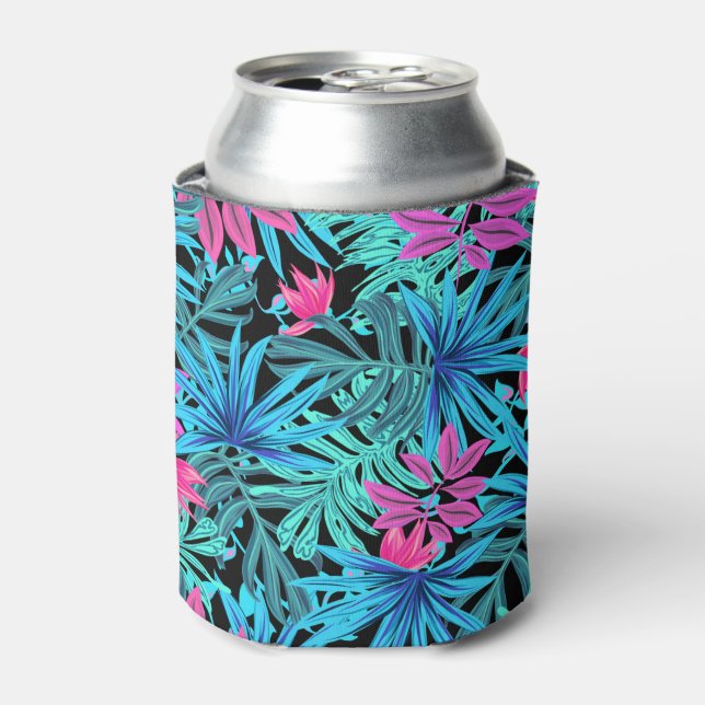 Neon Pink and Blue Tropical Plant Pattern Can Cooler (Can Front)