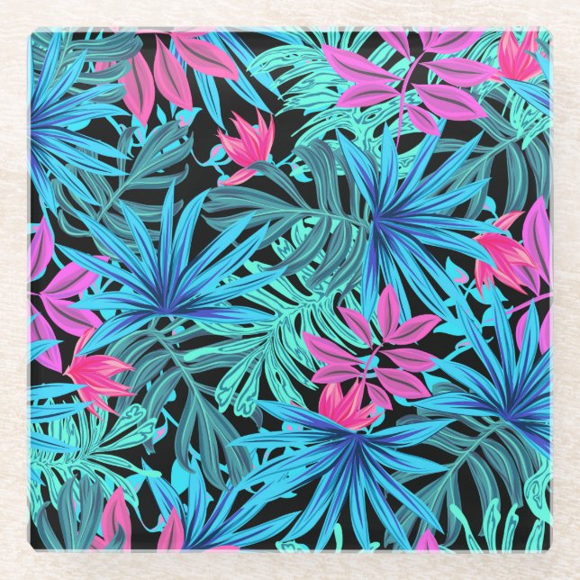 Neon Pink and Blue Tropical Plant Pattern Glass Coaster (Front)