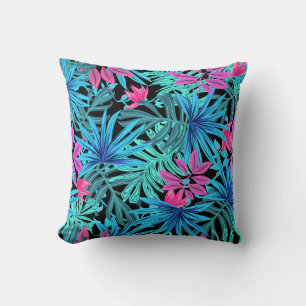 Neon Pink and Blue Tropical Plant Pattern Throw Pillow