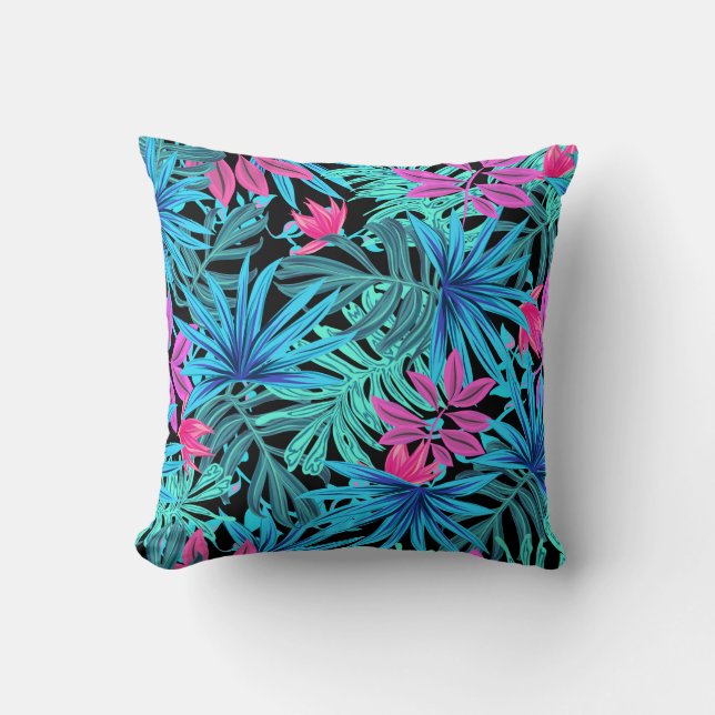 Neon Pink and Blue Tropical Plant Pattern Throw Pillow (Front)