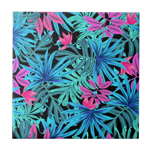 Neon Pink and Blue Tropical Plant Pattern Tile (Front)