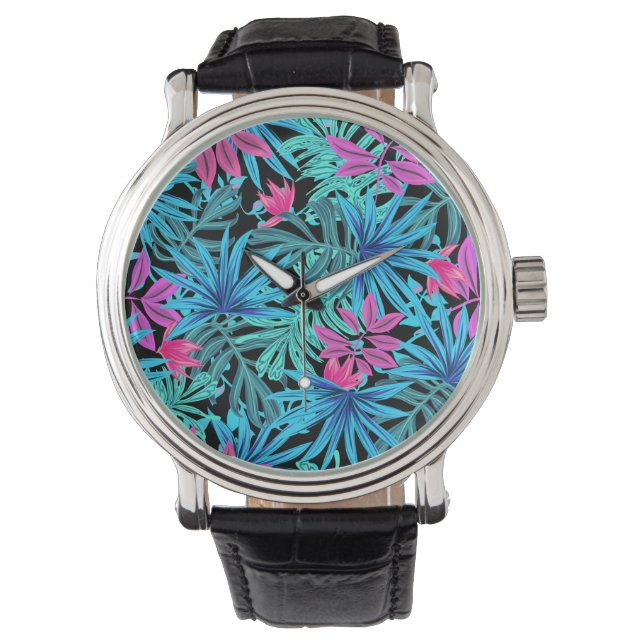 Neon Pink and Blue Tropical Plant Pattern Watch (Front)