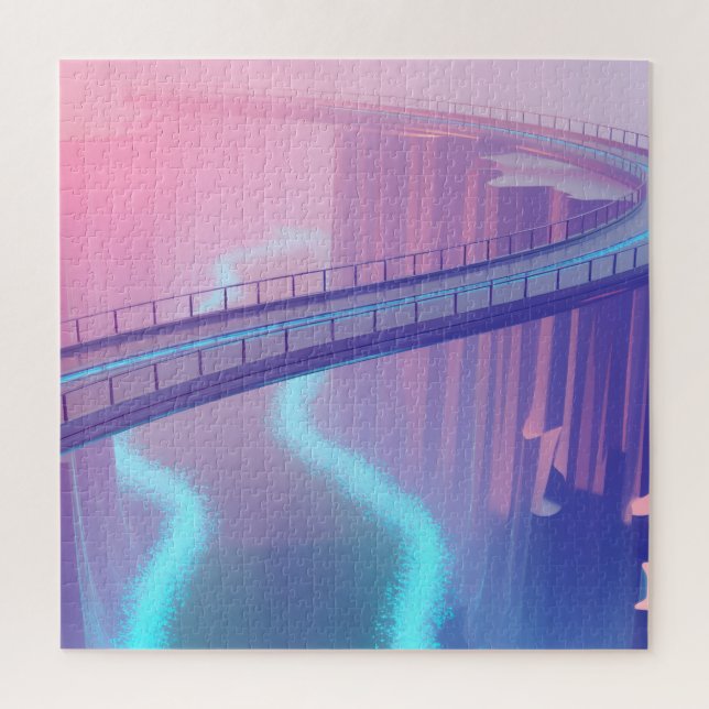 Neon pink and cobalt bridge arcs over a luminous c jigsaw puzzle (Vertical)