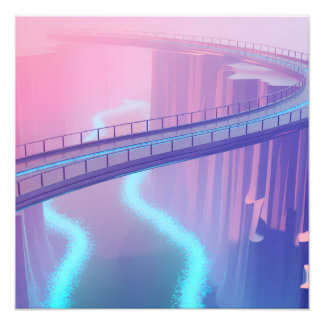Neon pink and cobalt bridge arcs over a luminous c photo print