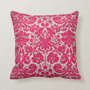 Neon Pink and Gold Damask Throw Pillow
