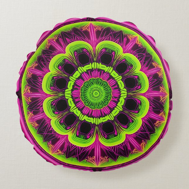 Neon Pink And Green Kaleidoscope Design Round Pillow (Front)