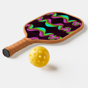 Neon pink and green waves on maroon pickleball paddle