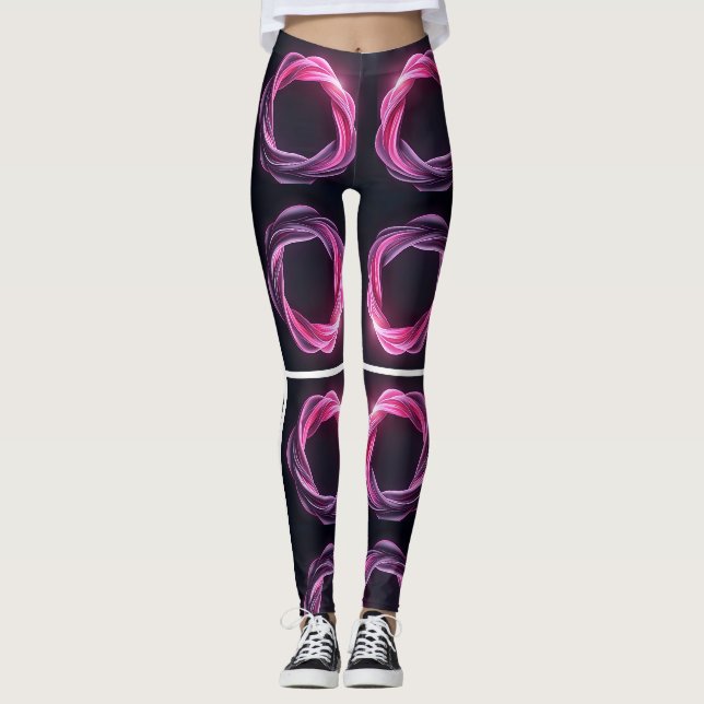 Neon pink and purple abstract swirls on a black ba leggings (Front)
