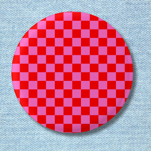 Neon Pink and Red Chequered Chequerboard Vintage 1 Inch Round Button