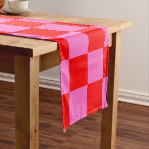 Neon Pink and Red Chequered Chequerboard Vintage Short Table Runner