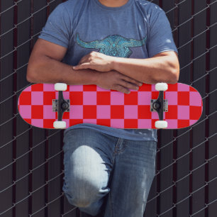 Neon Pink and Red Chequered Chequerboard Vintage Skateboard