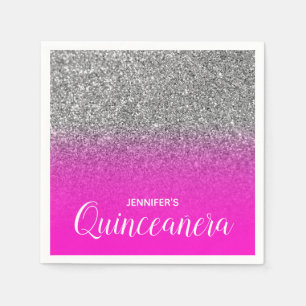 Neon Pink and Silver Glitter Ombre Quinceanera Napkin