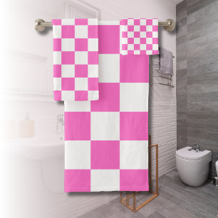 Neon Pink and White Chequered Chequerboard Vintage Bath Towel Set