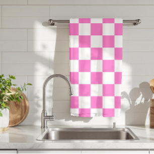 Neon Pink and White Chequered Chequerboard Vintage Kitchen Towel