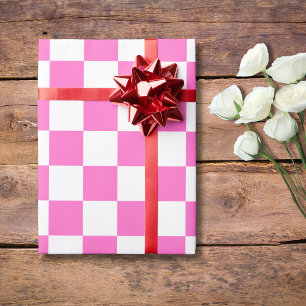 Neon Pink and White Chequered Chequerboard Vintage Wrapping Paper