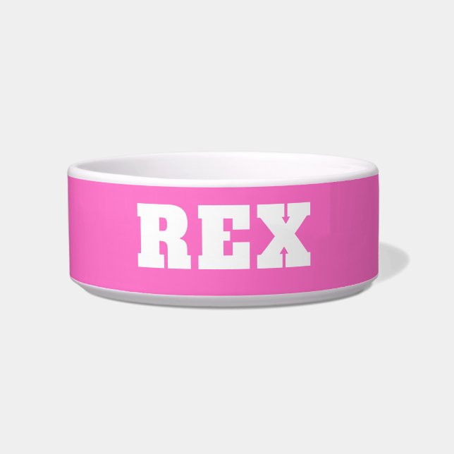 Neon Pink and White Modern Name Pet Bowl (Front)