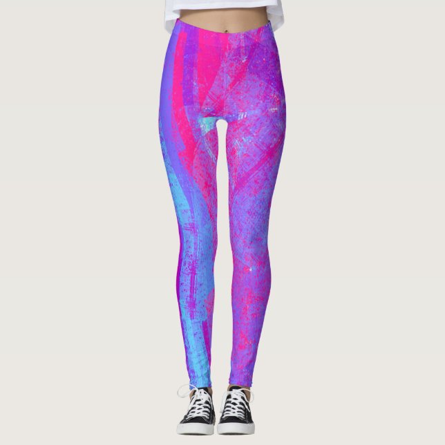 Neon Pink & Aqua Blue Abstract Leggings (Front)