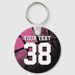 Neon pink basketball keychain with jersey number