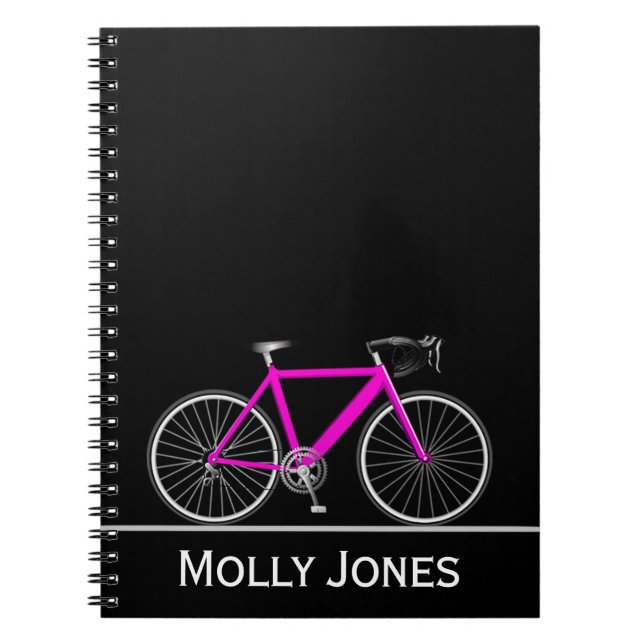 Neon Pink Bike with Name on Black Notebook (Front)