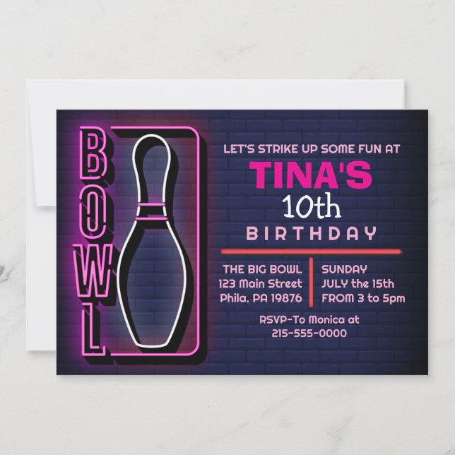 NEON PINK BIRTHDAY PARTY BOWLING ADULT CELEBRATION INVITATION (Front)