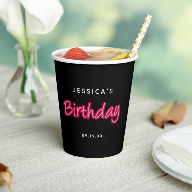 Neon Pink & Black Birthday Party Girl Paper Cups (Insitu)