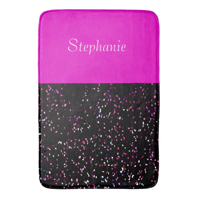 Neon Pink Black Glitter Patterns Custom Name Girly Bath Mat (Front Vertical)