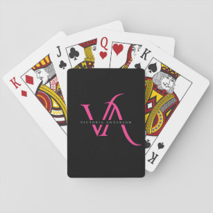 Neon Pink Black Monogram Elegant Modern Custom Playing Cards