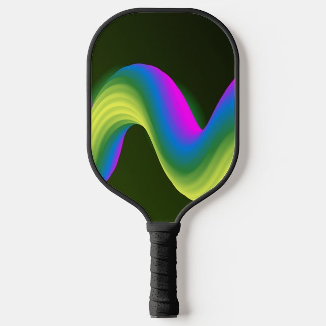 Neon pink, blue and green waves on green pickleball paddle (Front)