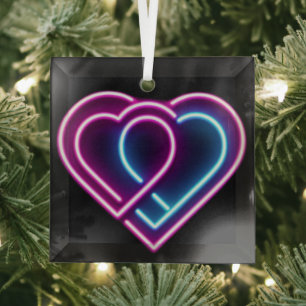 Neon pink/blue heart Valentine's day mug Glass Ornament