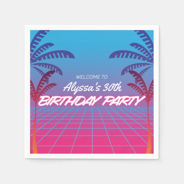 Neon Pink Blue Retro 80s Themed Birthday Party Napkin (Front)
