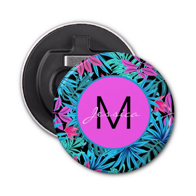 Neon Pink Blue Tropical Plant Pattern Personalised Bottle Opener (Front)