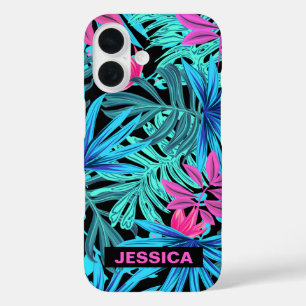 Neon Pink Blue Tropical Plant Pattern Personalised iPhone 16 Case
