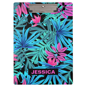 Neon Pink Blue Tropical Plant Pattern Personalised Clipboard