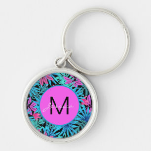 Neon Pink Blue Tropical Plant Pattern Personalised Keychain