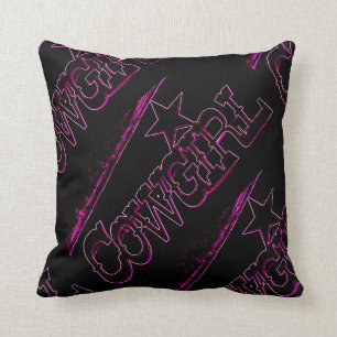 neon pink cowgirl black throw pillow