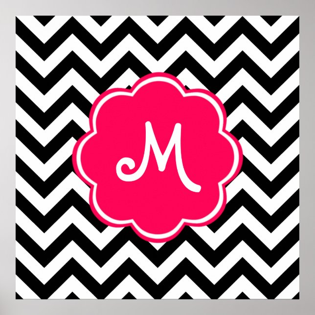Neon Pink Custom Monogram with Chevron Pattern Poster (Front)