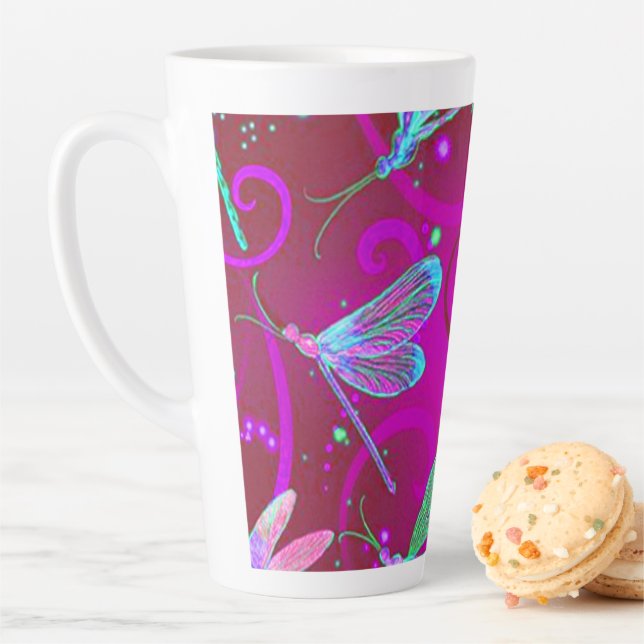 Neon Pink Dragonflies Latte Latte Mug (In Situ)