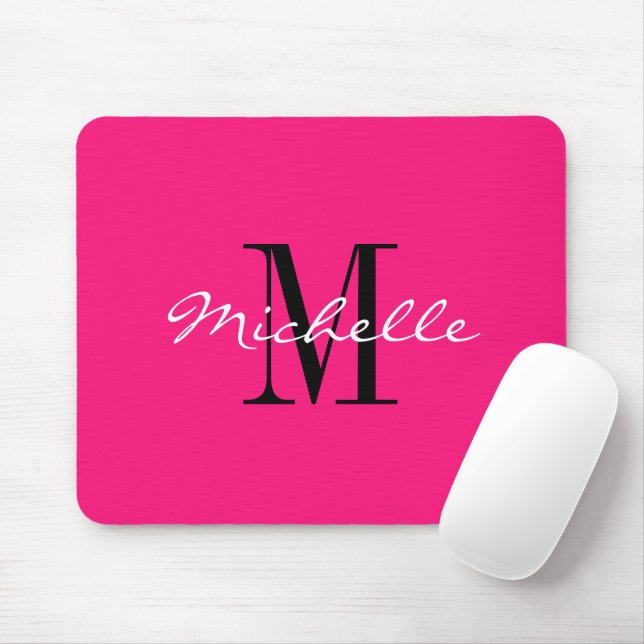 Neon pink elegant custom name monogram computer mouse pad (With Mouse)
