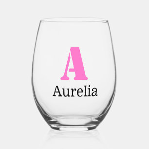 Neon Pink Elegant Initial Black Name Modern Stemless Wine Glass