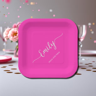 neon   pink elegant script paper plate