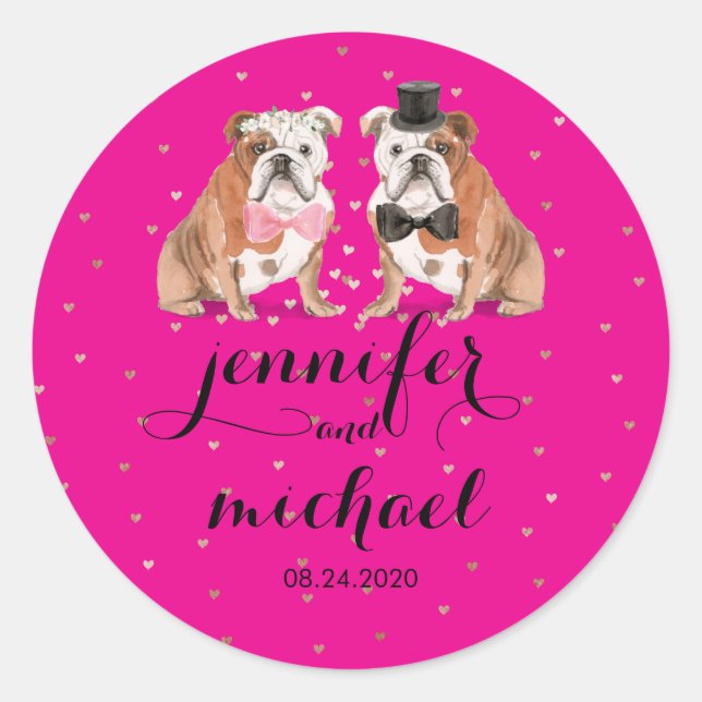 Neon Pink English Bulldog wedding Classic Round Sticker (Front)