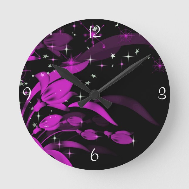 Neon Pink Flowers, Black Wall Clock (Front)