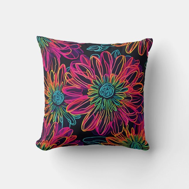 Neon Pink Flowers Throw Pillow (Front)