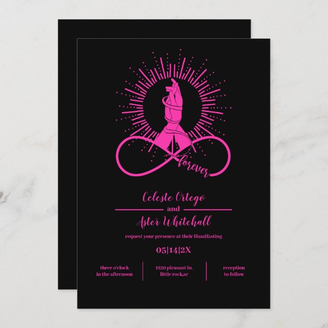 Neon Pink Forever Hands Mystical Black Handfasting Invitation (Front/Back)