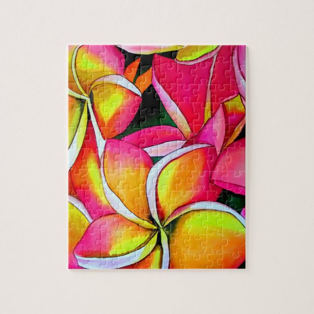 Neon pink Frangipani Plumeria Beach art flowers Jigsaw Puzzle (Vertical)