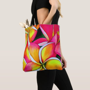 Neon pink Frangipani Plumeria Beach art flowers Tote Bag