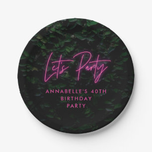 Neon pink funky modern lets party paper plate