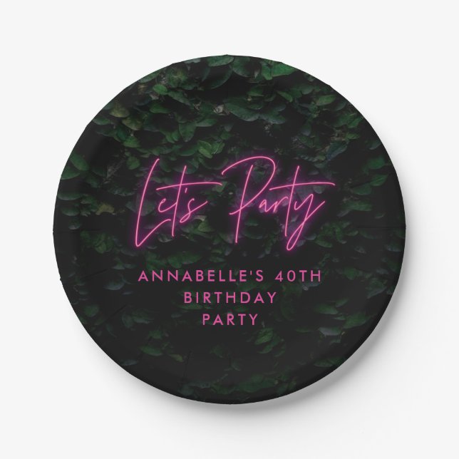 Neon pink funky modern lets party paper plate (Front)