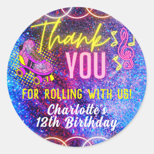 Neon Pink Girl's Roller Skating Party Thank You Classic Round Sticker