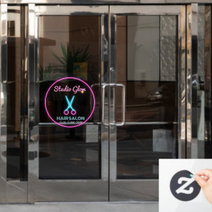 Neon Pink Glow Scissors Hair Salon Business Logo Window Cling